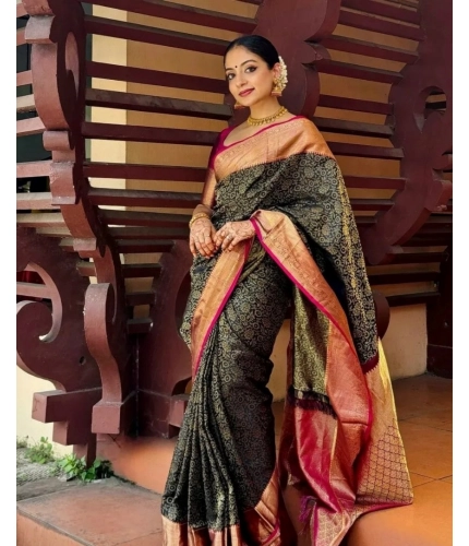 Generic Women's Silk Printed Saree With Unstitched Blouse 5.5Mtr (Green)