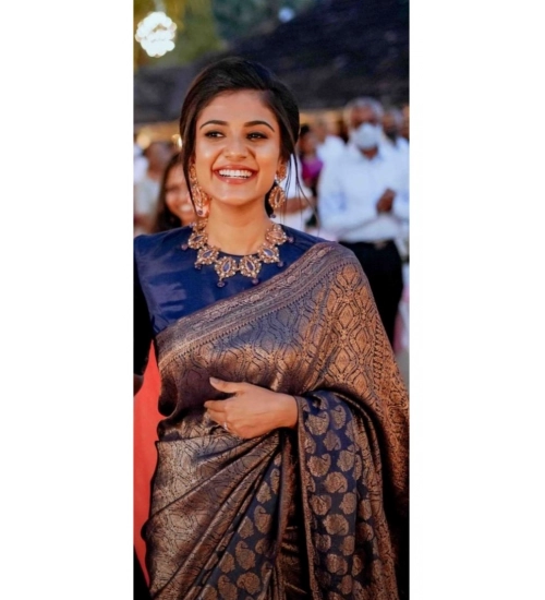 Generic Women's Silk Printed Saree With Unstitched Blouse 5.5Mtr (Blue)