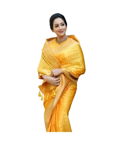 Generic Women's Silk Printed Saree With Unstitched Blouse 5.5Mtr (Yellow)