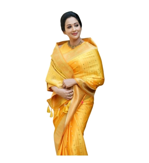 Generic Women's Silk Printed Saree With Unstitched Blouse 5.5Mtr (Yellow)