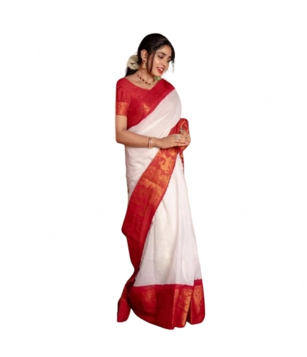 Generic Women's Silk Printed Saree With Unstitched Blouse 5.5Mtr (White)