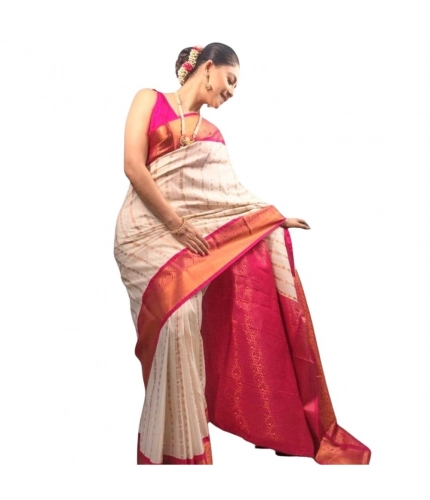 Generic Women's Silk Printed Saree With Unstitched Blouse 5.5Mtr (White-Pink)