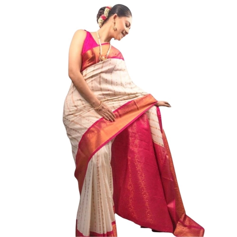 Women's Silk Printed Saree With Unstitched Blouse 5.5Mtr (White-Pink)