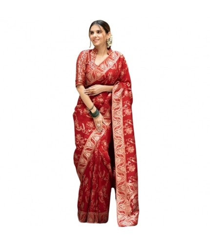 Generic Women's Silk Printed Saree With Unstitched Blouse 5.5Mtr (Red)