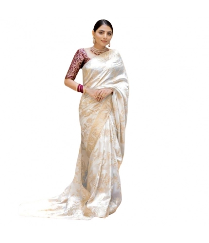 Generic Women's Silk Printed Saree With Unstitched Blouse 5.5Mtr (White)