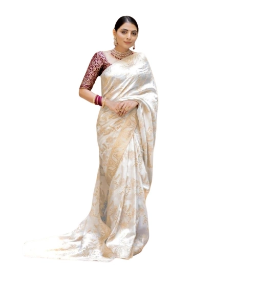 Generic Women's Silk Printed Saree With Unstitched Blouse 5.5Mtr (White)