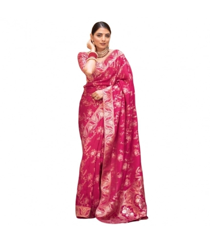 Generic Women's Silk Printed Saree With Unstitched Blouse 5.5Mtr (Pink)