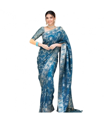 Generic Women's Silk Printed Saree With Unstitched Blouse 5.5Mtr (Teal Blue)