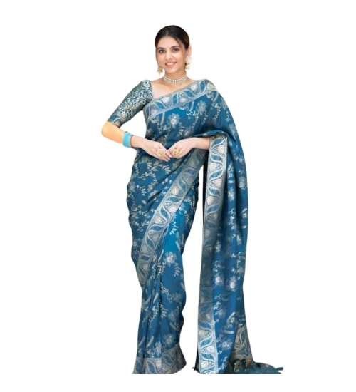 Generic Women's Silk Printed Saree With Unstitched Blouse 5.5Mtr (Teal Blue)