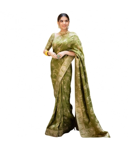 Generic Women's Silk Printed Saree With Unstitched Blouse 5.5Mtr (Olive Green)