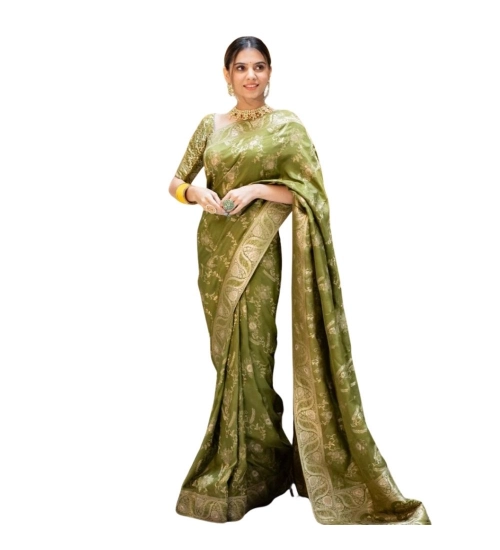 Generic Women's Silk Printed Saree With Unstitched Blouse 5.5Mtr (Olive Green)