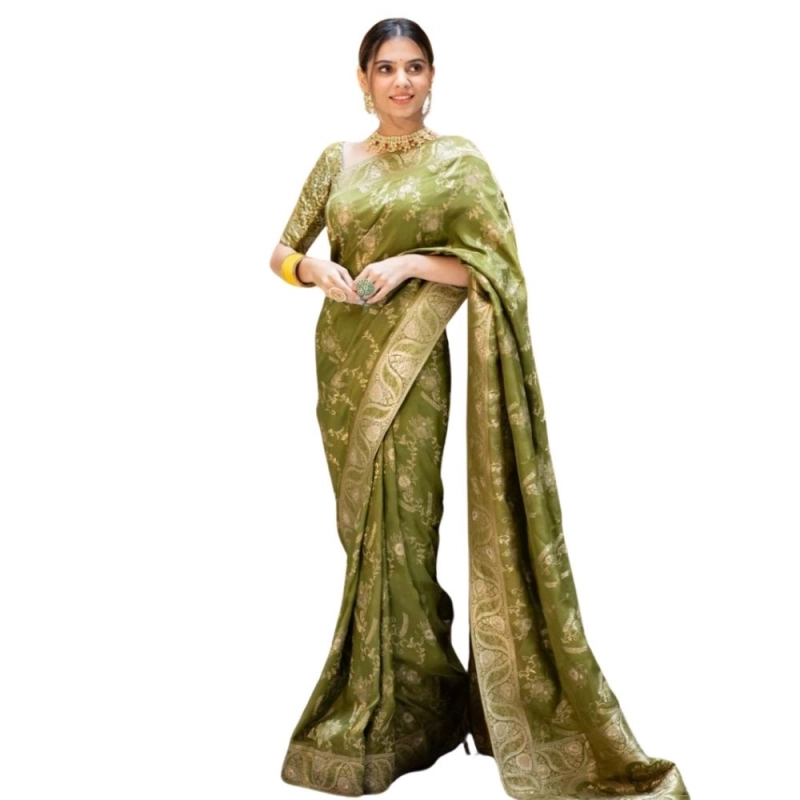 Women's Silk Printed Saree With Unstitched Blouse 5.5Mtr (Olive Green) Women's Silk Printed Saree With Unstitched Blouse 5.5Mtr (Olive Green)