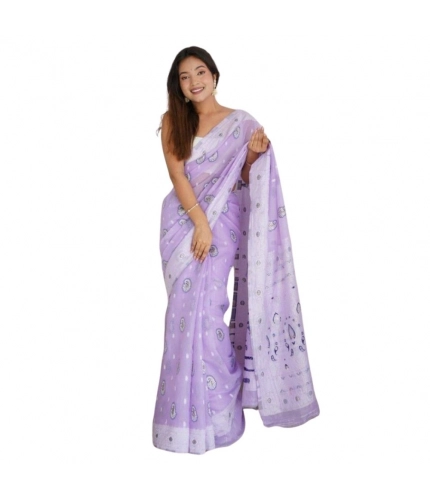 Generic Women's Cotton  Printed Saree With Unstitched Blouse 5.5Mtr (Lavender)