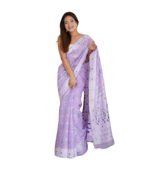 Generic Women's Cotton  Printed Saree With Unstitched Blouse 5.5Mtr (Lavender)