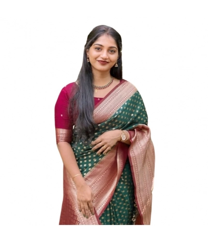 Generic Women's Silk Printed Saree With Unstitched Blouse 5.5Mtr (Green-Red)