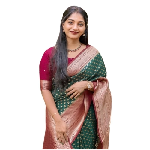 Women's Silk Printed Saree With Unstitched Blouse 5.5Mtr (Green-Red)