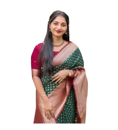 Generic Women's Silk Printed Saree With Unstitched Blouse 5.5Mtr (Green-Red)