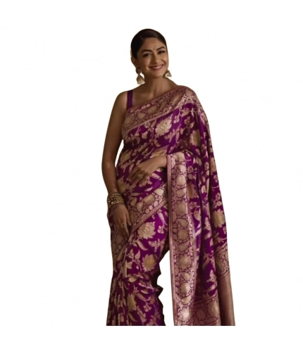 Generic Women's Silk Printed Saree With Unstitched Blouse 5.5Mtr (Purple)
