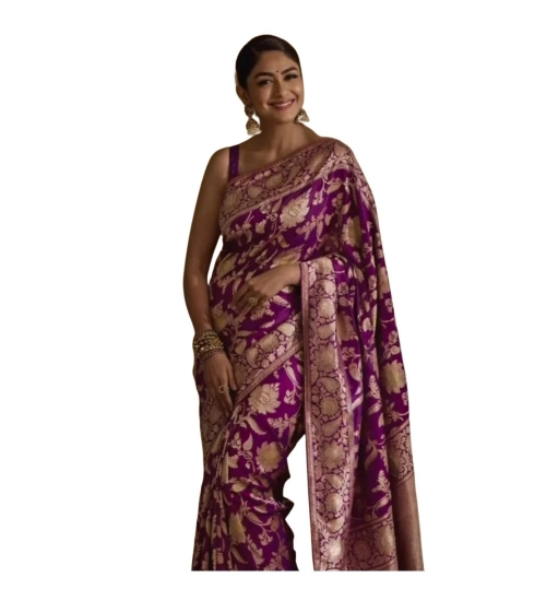 Generic Women's Silk Printed Saree With Unstitched Blouse 5.5Mtr (Purple)