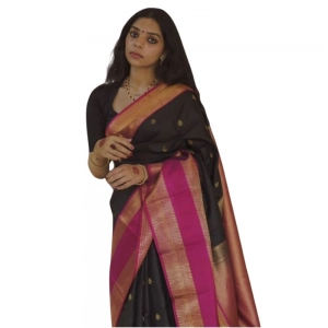 Generic Women's Silk Printed Saree With Unstitched Blouse 5.5Mtr (Black-Pink)