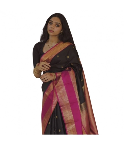 Generic Women's Silk Printed Saree With Unstitched Blouse 5.5Mtr (Black-Pink)
