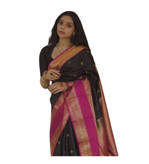 Generic Women's Silk Printed Saree With Unstitched Blouse 5.5Mtr (Black-Pink)