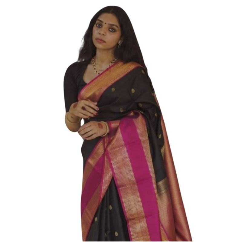 Women's Silk Printed Saree With Unstitched Blouse 5.5Mtr (Black-Pink) Women's Silk Printed Saree With Unstitched Blouse 5.5Mtr (Black-Pink)
