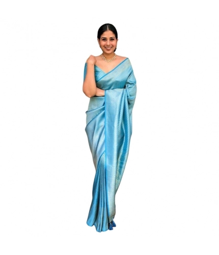 Generic Women's Silk Printed Saree With Unstitched Blouse 5.5Mtr (Sky Blue)