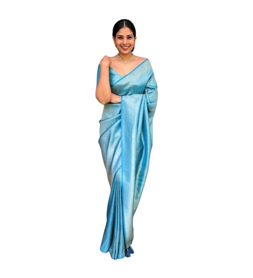 Generic Women's Silk Printed Saree With Unstitched Blouse 5.5Mtr (Sky Blue)
