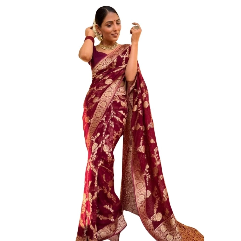 Generic Women's Silk Printed Saree With Unstitched Blouse 5.5Mtr (Maroon)