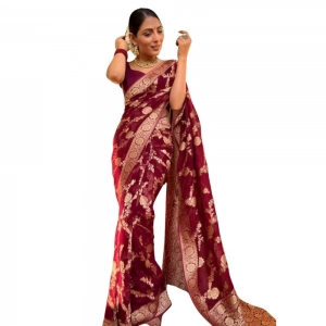 Generic Women's Silk Printed Saree With Unstitched Blouse 5.5Mtr (Maroon)