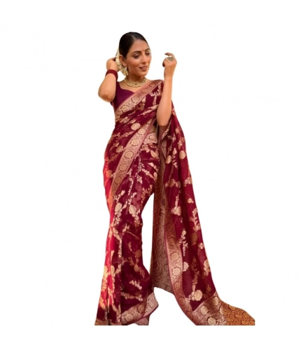 Generic Women's Silk Printed Saree With Unstitched Blouse 5.5Mtr (Maroon)