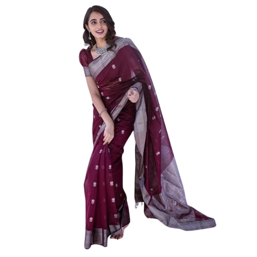 Women's Cotton  Printed Saree With Unstitched Blouse 5.5Mtr (Maroon)