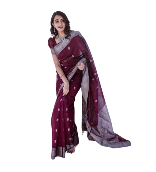 Generic Women's Cotton  Printed Saree With Unstitched Blouse 5.5Mtr (Maroon)