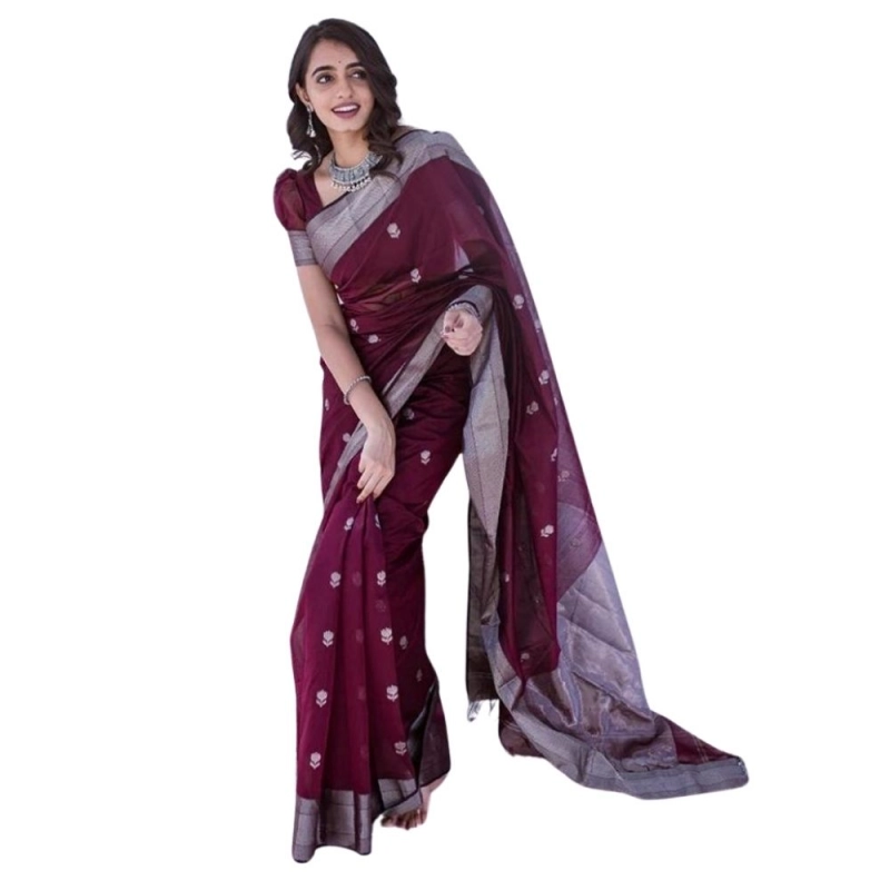Women's Cotton  Printed Saree With Unstitched Blouse 5.5Mtr (Maroon)