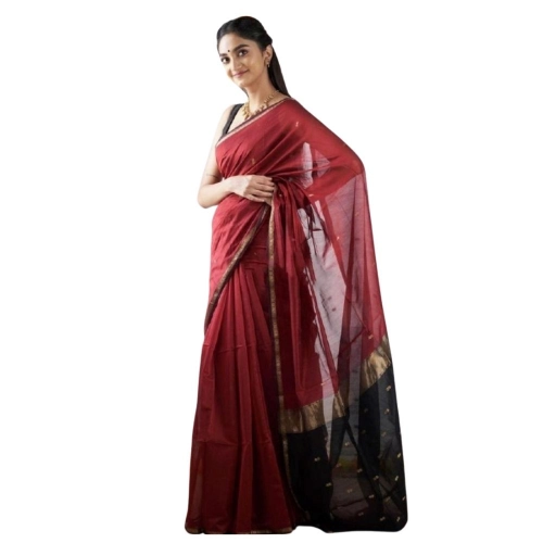 Women's Cotton  Printed Saree With Unstitched Blouse 5.5Mtr (Red)