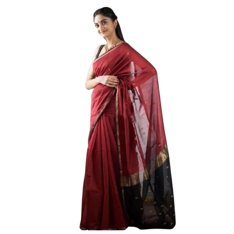 Women's Cotton  Printed Saree With Unstitched Blouse 5.5Mtr (Red)