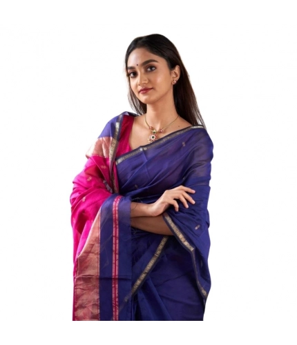 Generic Women's Cotton  Printed Saree With Unstitched Blouse 5.5Mtr (Blue)