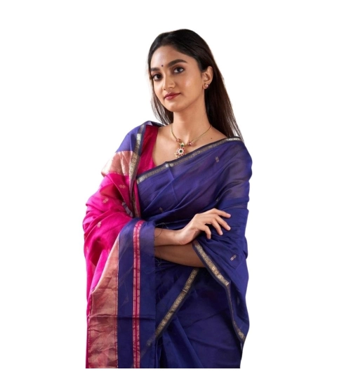 Generic Women's Cotton  Printed Saree With Unstitched Blouse 5.5Mtr (Blue)
