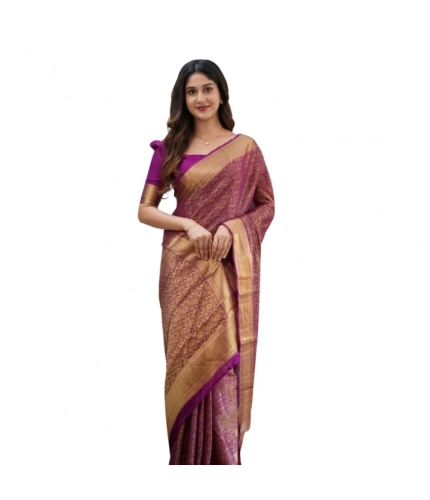 Generic Women's Silk Printed Saree With Unstitched Blouse 5.5Mtr (Wine)