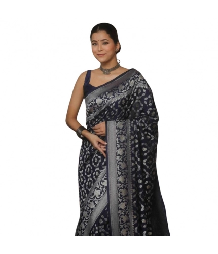 Generic Women's Silk Printed Saree With Unstitched Blouse 5.5Mtr (Navy Blue)