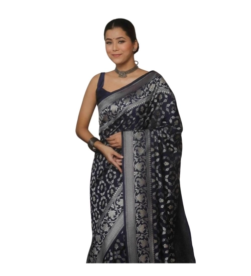 Generic Women's Silk Printed Saree With Unstitched Blouse 5.5Mtr (Navy Blue)