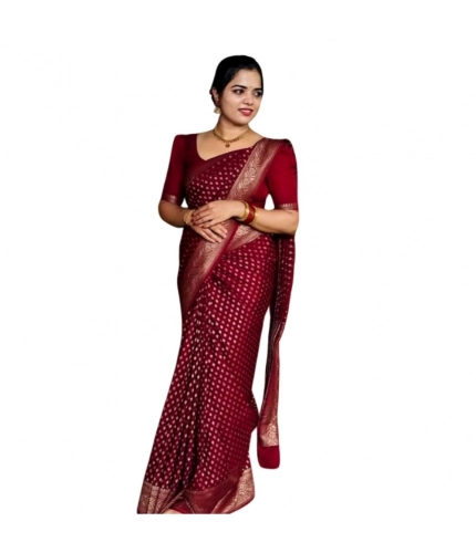 Generic Women's Silk Printed Saree With Unstitched Blouse 5.5Mtr (Maroon)