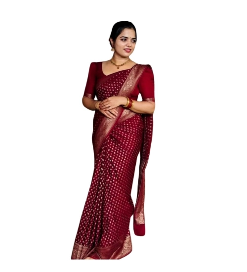 Generic Women's Silk Printed Saree With Unstitched Blouse 5.5Mtr (Maroon)