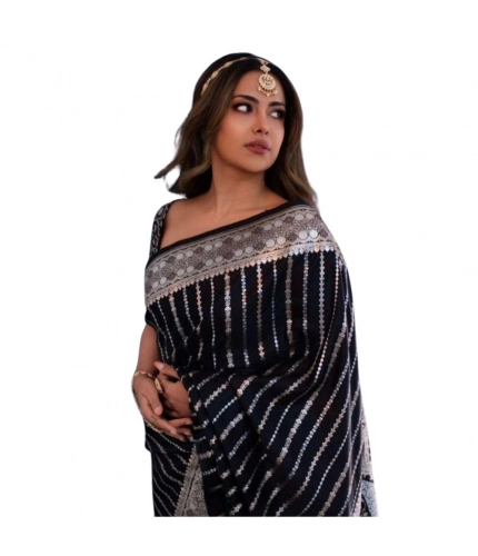 Generic Women's Silk Printed Saree With Unstitched Blouse 5.5Mtr (Black)