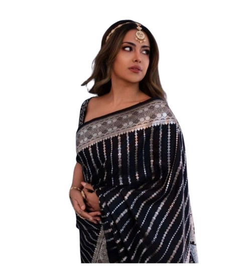 Generic Women's Silk Printed Saree With Unstitched Blouse 5.5Mtr (Black)