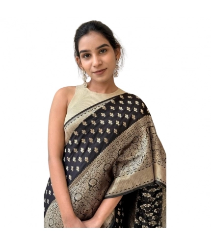Generic Women's Silk Printed Saree With Unstitched Blouse 5.5Mtr (Black)