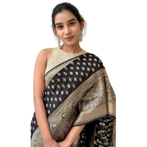 Women's Silk Printed Saree With Unstitched Blouse 5.5Mtr (Black)