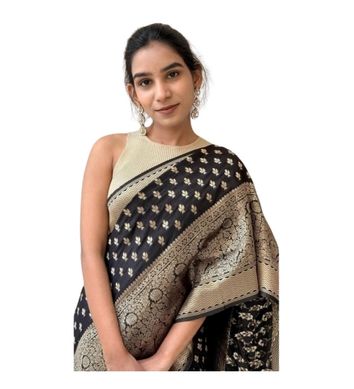 Generic Women's Silk Printed Saree With Unstitched Blouse 5.5Mtr (Black)