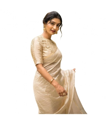 Generic Women's Silk Printed Saree With Unstitched Blouse 5.5Mtr (Off White)